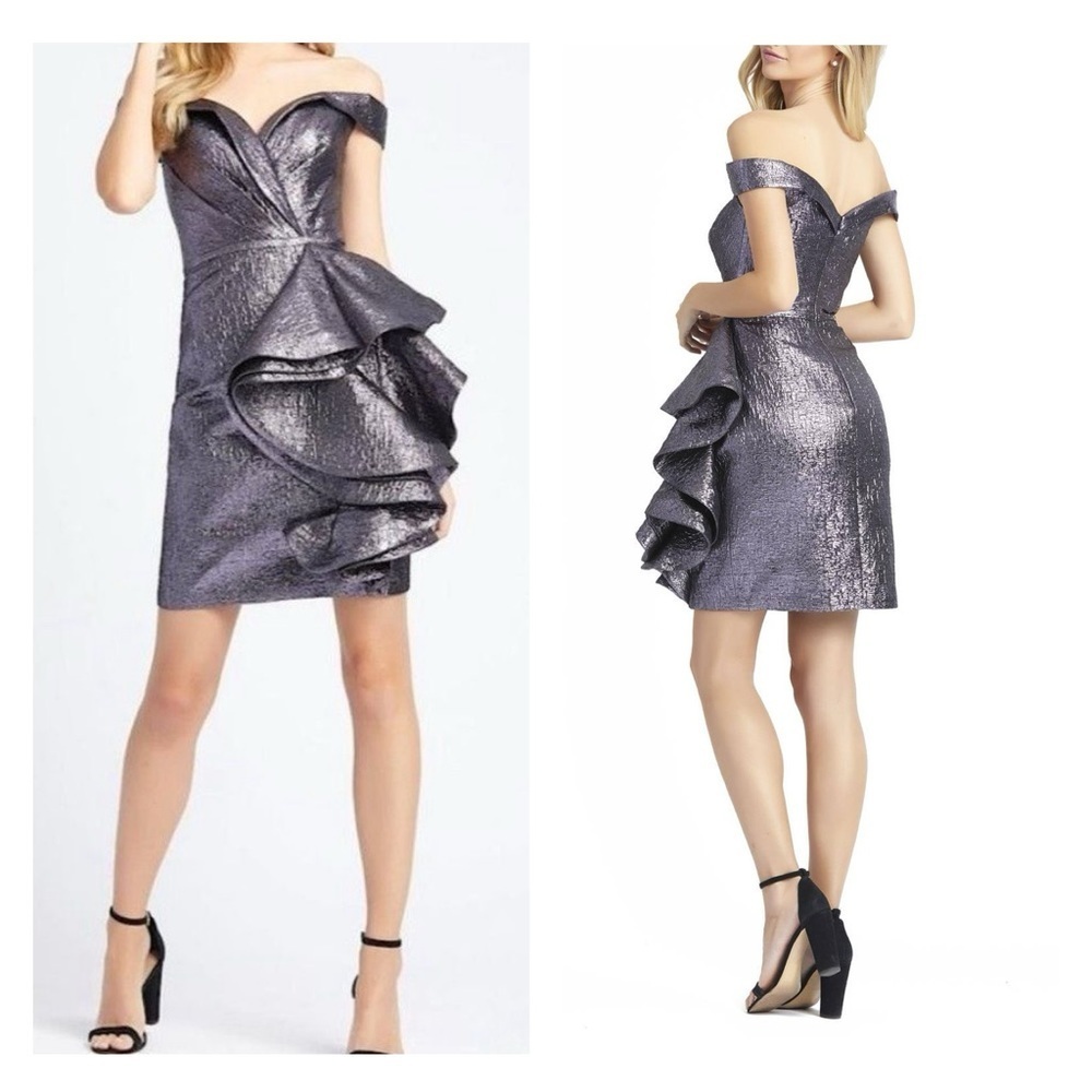 MAC DUGGAL dress purple size 4 metallic off the shoulder ruffle mini formal NWT